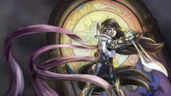 Size: 1920x1080 | Tagged: safe, artist:zedrin, octavia melody, earth pony, pony, armor, bipedal, crossover, fiora, league of legends, solo, sword, weapon