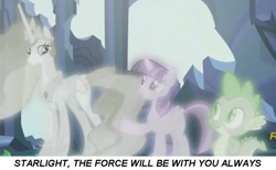 Size: 704x434 | Tagged: safe, edit, edited screencap, screencap, princess celestia, spike, twilight sparkle, twilight sparkle (alicorn), alicorn, dragon, pony, celestial advice, force ghost, meme, star wars