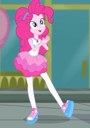 Size: 445x630 | Tagged: safe, derpibooru import, screencap, pinkie pie, better together, equestria girls, super squad goals, clothes, cropped, cute, female, geode of sugar bombs, pantyhose, sandals, shoes, skirt, smiling, solo