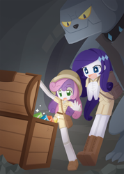 Size: 1000x1407 | Tagged: safe, artist:howxu, fido, rarity, sweetie belle, diamond dog, equestria girls, cavern, clothes, cute, diasweetes, female, gem, happy, male, raribetes, shorts, treasure, treasure chest, trio