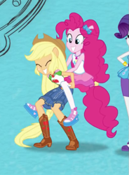 Size: 417x567 | Tagged: safe, derpibooru import, screencap, applejack, pinkie pie, better together, equestria girls, boots, clothes, cowboy boots, cowboy hat, cropped, cute, denim skirt, eyes closed, female, hat, humans riding humans, intro, leapfrog, pantyhose, piggyback ride, ponied up, pony ears, shoes, skirt, stetson