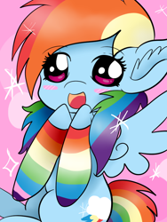 Size: 600x800 | Tagged: safe, artist:wisheslotus, derpibooru import, rainbow dash, pegasus, pony, blush sticker, blushing, clothes, cute, dashabetes, ear fluff, female, mare, rainbow socks, smiling, socks, solo, striped socks