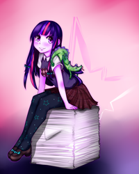 Size: 1201x1500 | Tagged: safe, artist:cronavongorgon, derpibooru import, twilight sparkle, human, blushing, clothes, female, humanized, pantyhose, paper, plaid skirt, pleated skirt, shirt, shoes, skirt, solo