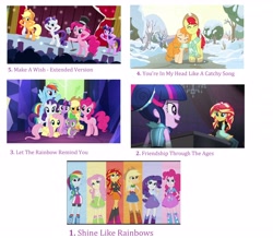Size: 3072x2684 | Tagged: safe, edit, edited screencap, screencap, applejack, bright mac, fluttershy, pear butter, pinkie pie, rainbow dash, rarity, sunset shimmer, twilight sparkle, twilight sparkle (alicorn), alicorn, equestria girls, friendship through the ages, pinkie pride, rainbow rocks, the perfect pear, twilight's kingdom, clothes, collage, group shot, let the rainbow remind you, list, microphone, musical instrument, piano, scarf, shared clothing, shared scarf, shine like rainbows, snow, the rainbooms, top 20 g4 songs, tree, twilight's castle, you're in my head like a catchy song