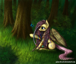 Size: 1728x1454 | Tagged: safe, artist:spear-he-art, fluttershy, butterfly, pegasus, pony, braid, charm, dreadlocks, forest, hippie, hippieshy, hoofband, looking at something, necklace, profile, raised hoof, sitting, smiling, solo, spread wings, tree, wings