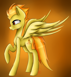 Size: 2135x2301 | Tagged: safe, artist:rosejule, derpibooru import, spitfire, gradient background, raised hoof, solo, spread wings