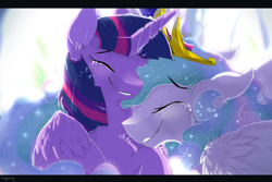 Size: 4500x3000 | Tagged: safe, artist:96paperkuts, princess celestia, twilight sparkle, twilight sparkle (alicorn), alicorn, pony, absurd resolution, crying, cute, cutelestia, eyes closed, female, mare, momlestia fuel, nuzzling, tears of joy, twiabetes