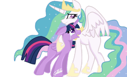 Size: 1024x623 | Tagged: safe, artist:sweetkllrvane, princess celestia, twilight sparkle, twilight sparkle (alicorn), alicorn, pony, celestial advice, crying, floppy ears, hug, momlestia, simple background, transparent background