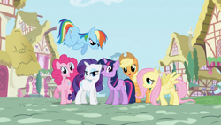 Size: 1920x1080 | Tagged: safe, derpibooru import, screencap, applejack, fluttershy, pinkie pie, rainbow dash, rarity, twilight sparkle, earth pony, pegasus, pony, unicorn, hat, mane six, smiling