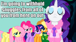 Size: 959x540 | Tagged: safe, screencap, applejack, fluttershy, pinkie pie, rarity, twilight sparkle, earth pony, pegasus, pony, unicorn, image macro, meme, no snuggles, snuggling