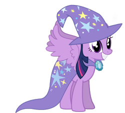 Size: 600x540 | Tagged: artist needed, safe, derpibooru import, twilight sparkle, twilight sparkle (alicorn), alicorn, pony, accessory swap, female, grin, mare, simple background, smiling, solo, spread wings, squee, the great and powerful, transparent background, trixie's cape, trixie's hat, vector