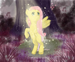 Size: 1280x1067 | Tagged: safe, artist:pandred, fluttershy, pegasus, pony, clearing, forest, looking at something, looking up, rearing, solo, wondering