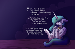 Size: 1280x852 | Tagged: safe, artist:heir-of-rick, princess celestia, alicorn, pony, hurt (song), johnny cash, nine inch nails, sad, solo, song reference