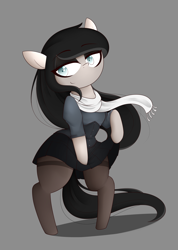 Size: 2700x3800 | Tagged: safe, artist:fullmetalpikmin, derpibooru import, oc, oc:purity knight, beautiful, clothes, cute, eyeshadow, female, goth, makeup, pantyhose, pleated skirt, scarf, shirt, simple background, skirt, skirt lift, solo