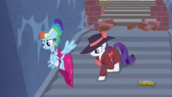 Size: 1920x1080 | Tagged: safe, derpibooru import, screencap, rainbow dash, rarity, pegasus, pony, unicorn, sparkle's seven, bow, clothes, detective rarity, dress, female, hat, jewelry, mare, megaradash, necklace, rainbow dash always dresses in style, trenchcoat