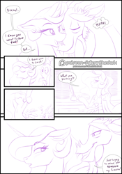 Size: 900x1288 | Tagged: safe, artist:falleninthedark, discord, princess celestia, alicorn, pony, comic:break time, comic, dialogue, dislestia, explicit source, female, male, mare, monochrome, shipping, speech bubble, straight