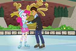 Size: 7000x4725 | Tagged: safe, artist:limedazzle, derpibooru import, pinkie pie, oc, oc:copper plume, equestria girls, absurd resolution, canon x oc, clothes, coat, commission, commissioner:imperfectxiii, copperpie, freckles, glasses, gloves, hat, holding hands, ice rink, ice skates, ice skating, leggings, neckerchief, pants, pantyhose, skirt, winter outfit