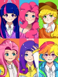 Size: 1200x1600 | Tagged: safe, artist:滿天星小面包, derpibooru import, applejack, fluttershy, pinkie pie, rainbow dash, rarity, twilight sparkle, human, bust, clothes, cute, dashabetes, diapinkes, female, humanized, jackabetes, mane six, one eye closed, portrait, raribetes, shirt, shyabetes, smiling, tongue out, twiabetes, wink