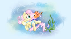 Size: 1440x790 | Tagged: safe, artist:vago-xd, fluttershy, fish, pegasus, pony, bikini, clothes, looking at each other, profile, solo, swimming, swimsuit, underwater, watershy