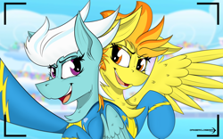 Size: 2560x1600 | Tagged: safe, artist:dangercloseart, derpibooru import, fleetfoot, spitfire, cloudiseum, selfie, spread wings, style emulation, wonderbolts uniform