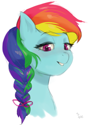 Size: 520x720 | Tagged: safe, artist:ehfa, derpibooru import, rainbow dash, pegasus, pony, alternate hairstyle, braid, bust, cute, dashabetes, female, lidded eyes, mare, portrait, simple background, solo, white background