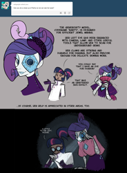 Size: 1118x1522 | Tagged: safe, artist:egophiliac, derpibooru import, rarity, twilight sparkle, human, robot, artificial intelligence, ask, clothes, comic, goggles, humanized, lab coat, pony coloring, scientist, steampunk, steamquestria, tumblr