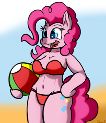 Size: 1280x1477 | Tagged: safe, artist:ramott, pinkie pie, anthro, beach ball, belly button, bikini, clothes, simple background, solo, swimsuit