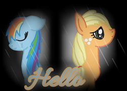 Size: 1000x720 | Tagged: safe, artist:rainbow dash is best pony, derpibooru import, applejack, rainbow dash, earth pony, pegasus, pony, appledash, crying, female, hatless, hello, lesbian, missing accessory, rain, sad, shipping