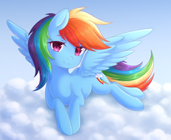 Size: 2768x2275 | Tagged: safe, artist:fluffymaiden, derpibooru import, rainbow dash, pegasus, pony, cloud, cute, dashabetes, eye clipping through hair, female, looking at you, mare, on a cloud, prone, sky, solo, spread wings, wings