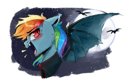 Size: 3880x2560 | Tagged: safe, artist:dino_horse, derpibooru import, rainbow dash, bat pony, pony, bat ponified, bat wings, cloak, clothes, female, full moon, mare, moon, race swap, wings