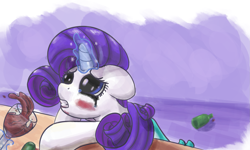 Size: 2137x1278 | Tagged: safe, artist:velvet frame, rarity, pony, unicorn, alcohol, bottle, clothes, crying, dress, female, glass, levitation, magic, mare, mascara, sad, table, teary eyes, teeth, telekinesis, wine, wine glass