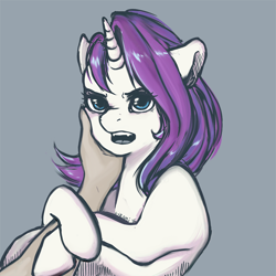 Size: 1000x1000 | Tagged: safe, artist:kira-minami, rarity, human, pony, unicorn, annoyed, fangs, hand, offscreen character, petting, simple background, tsundere