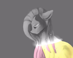 Size: 2500x2000 | Tagged: safe, artist:darkreimbow97, fluttershy, pegasus, pony, color loss, crying, gray background, looking down, partial color, profile, simple background, sitting, solo