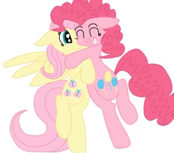 Size: 872x769 | Tagged: safe, fluttershy, pinkie pie, earth pony, pegasus, pony, female, flutterpie, hug, lesbian, shipping, spread wings