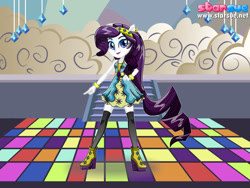 Size: 800x600 | Tagged: safe, artist:user15432, rarity, dance magic, equestria girls, spoiler:eqg specials, advertisement, clothes, dance floor, ear piercing, earring, jewelry, piercing, ponied up, pony ears, solo, starsue, wondercolts