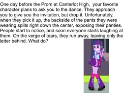 Size: 759x571 | Tagged: safe, derpibooru import, twilight sparkle, equestria girls, bronybait, humiliation, meme, prom, text, what do