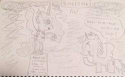 Size: 2905x1784 | Tagged: safe, artist:smurfettyblue, princess celestia, oc, oc:bolt, alicorn, pony, alicorn oc, bolt: the greatest villain ever created, celestia statue, crying, evil, fanfic, fanfic art, pure evil, speech bubble, spread wings, statue, traditional art, wings