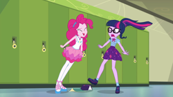 Size: 1920x1080 | Tagged: safe, derpibooru import, screencap, pinkie pie, sci-twi, twilight sparkle, better together, equestria girls, stressed in show, stressed in show: pinkie pie, clothes, eyes closed, female, geode of sugar bombs, geode of telekinesis, glasses, pantyhose, ponytail, sandals, shoes, skirt, socks, yelling