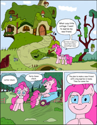 Size: 1024x1322 | Tagged: safe, artist:average-00, pinkie pie, earth pony, pony, comic:opposites, cannon, comic, fluttershy's cottage, letter, mouth hold, party, this will end in tears