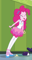 Size: 551x1016 | Tagged: safe, derpibooru import, screencap, pinkie pie, sci-twi, twilight sparkle, better together, equestria girls, stressed in show, stressed in show: pinkie pie, clothes, cropped, female, geode of sugar bombs, offscreen character, pantyhose, pinkie being pinkie, pinkie physics, sandals, shoes, skirt, yay, yelling