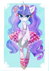 Size: 1023x1488 | Tagged: safe, artist:yam, rarity, pony, unicorn, alternate hairstyle, blushing, clothes, dress, female, mare, pigtails, solo, twintails