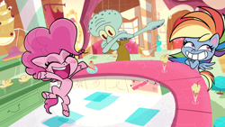 Size: 1280x720 | Tagged: safe, derpibooru import, edit, edited screencap, screencap, pinkie pie, rainbow dash, earth pony, pegasus, pony, my little pony: pony life, crossover, dab, jumping, meme, mohawk, open mouth, smiling, spongebob squarepants, squidward tentacles, sugarcube corner