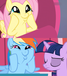 Size: 905x1018 | Tagged: safe, derpibooru import, screencap, fluttershy, rainbow dash, twilight sparkle, unicorn twilight, pegasus, pony, unicorn, applebuck season, sweet and smoky, :3, comparison, cropped, cute, dashabetes, dashface, eyes closed, female, flutterface, mare, shyabetes, so awesome