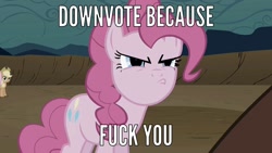 Size: 1280x720 | Tagged: safe, screencap, applejack, pinkie pie, earth pony, pony, downvote, image macro, meme, reaction image, reverse psychology fail, solo, vulgar