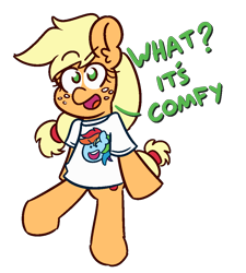 Size: 900x1000 | Tagged: safe, artist:threetwotwo32232, derpibooru import, applejack, rainbow dash, earth pony, pegasus, pony, appledash, clothes, dialogue, female, lesbian, mare, shipping, shirt, t-shirt