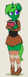 Size: 689x1884 | Tagged: safe, artist:marsminer, oc, oc only, oc:lime dream, anthro, plantigrade anthro, pony, unicorn, book, clothes, commission, miniskirt, moe, no pupils, patreon, patreon reward, pleated skirt, simple background, skirt, smiling, socks, solo, striped socks, student, thigh highs, thighs, zettai ryouiki