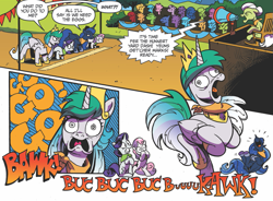 Size: 889x656 | Tagged: safe, artist:andypriceart, idw, granny smith, princess celestia, princess luna, rarity, sweetie belle, alicorn, bird, chicken, pony, unicorn, spoiler:comic, spoiler:comicff38, andy you magnificent bastard, behaving like a bird, behaving like a chicken, female, hilarious in hindsight, hypnosis, hypnotized, laughing, majestic as fuck, mare, royal sisters, wat