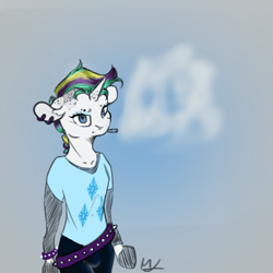 Size: 600x600 | Tagged: safe, artist:laurasscetches, rarity, anthro, alternate hairstyle, belt, cigarette, clothes, hooves, punk, raripunk, solo