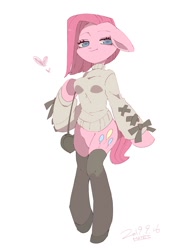 Size: 1300x1720 | Tagged: safe, artist:potetecyu_to, pinkie pie, earth pony, pony, semi-anthro, alternate hairstyle, bottomless, clothes, female, mare, partial nudity, pinkamena diane pie, simple background, solo, stockings, sweater, thigh highs, white background