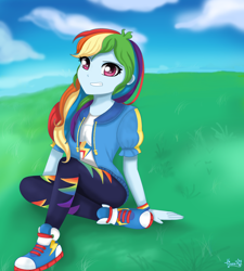 Size: 2128x2368 | Tagged: safe, artist:lovelygirlmusicer, derpibooru import, rainbow dash, better together, equestria girls, adorasexy, clothes, converse, cute, dashabetes, female, grass field, looking at you, pants, sexy, shoes, sitting, sneakers, solo